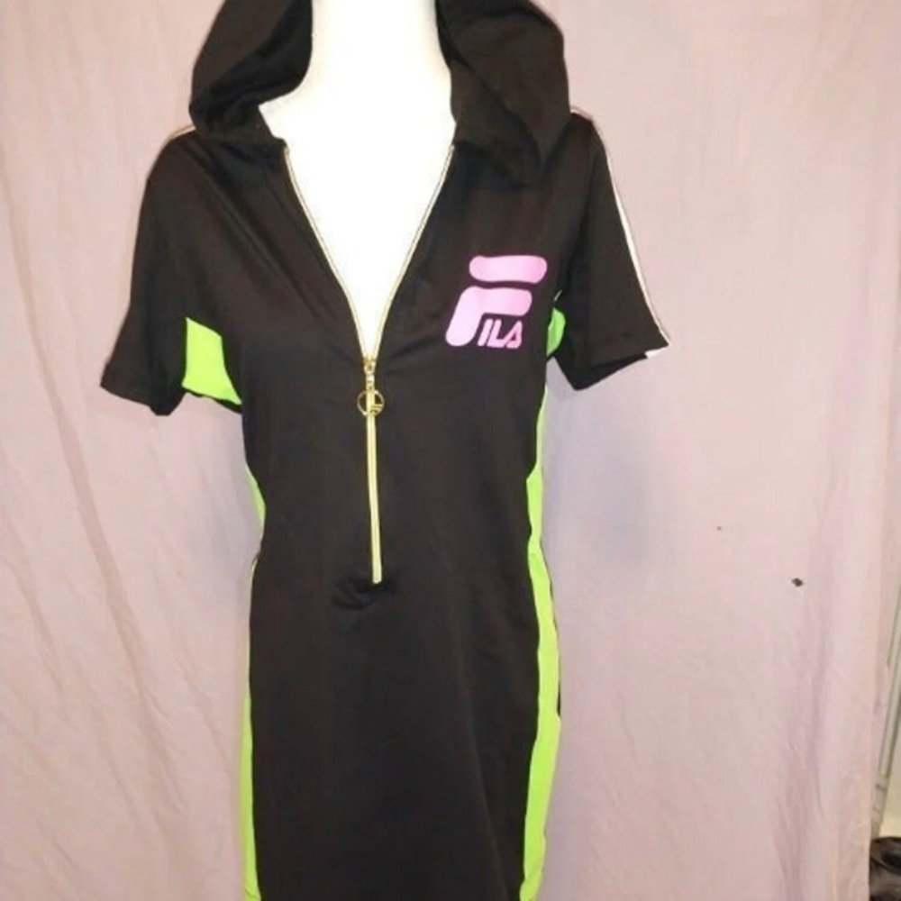 New FILA hooded dress size L black/lime/white tee